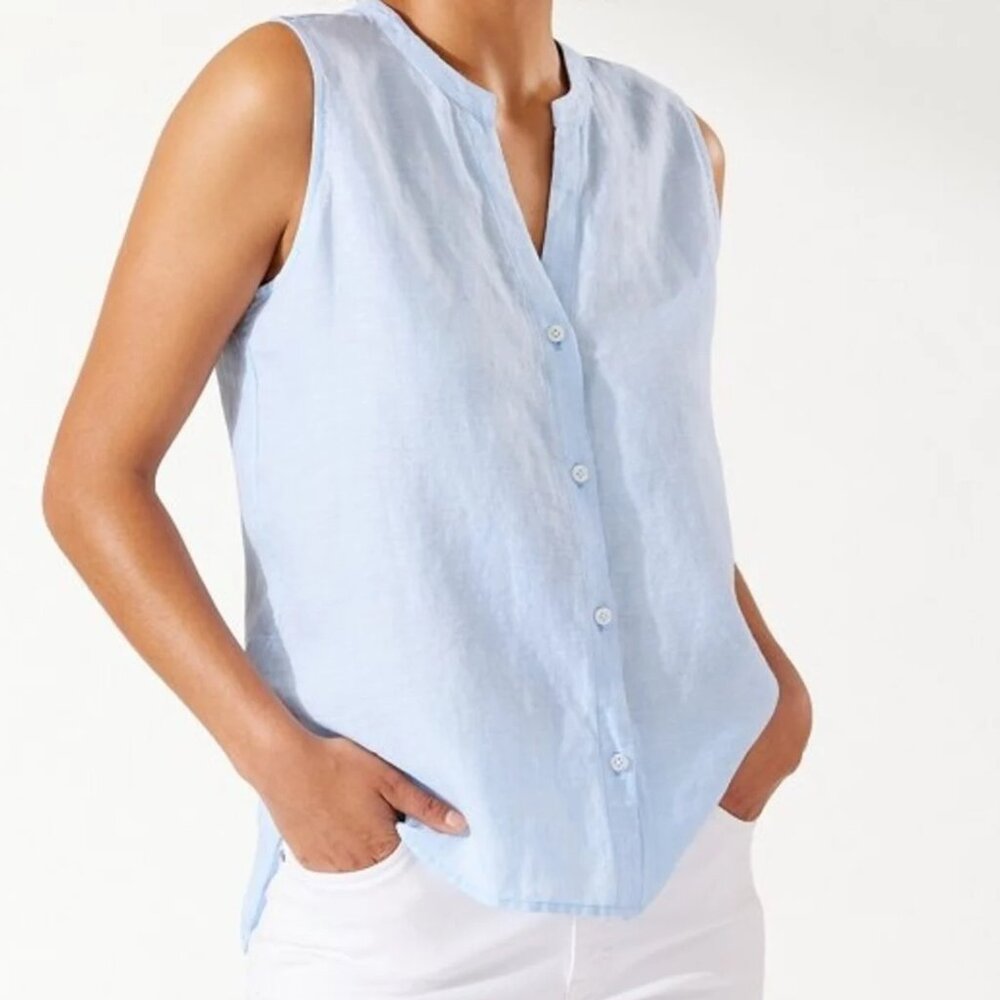 TOMMY BAHAMA 100% LINEN COASTALINA SLEEVELESS BUTTON DOWN TOP CHAMBRAY BLUE XS